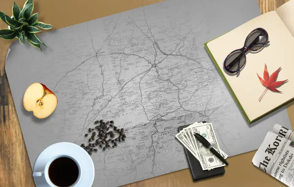 Вещи, рабочий стол, кофе, карта