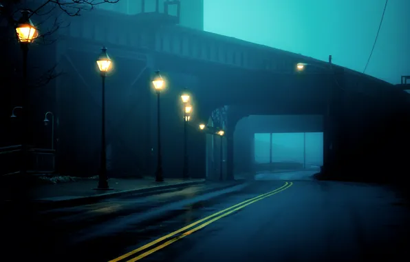 Картинка дорога, свет, город, туман, туннель, фонари, USA, США