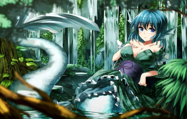 Вода, девушка, водопад, арт, хвост, кимоно, touhou, ibuki notsu