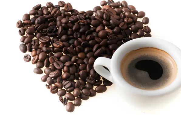 Сердце, кофе, чашка, love, heart, beans, coffee