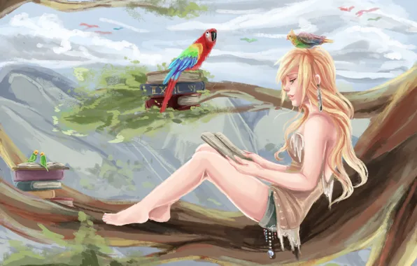 Девушка, птицы, дерево, листва, книги, ветка, попугай