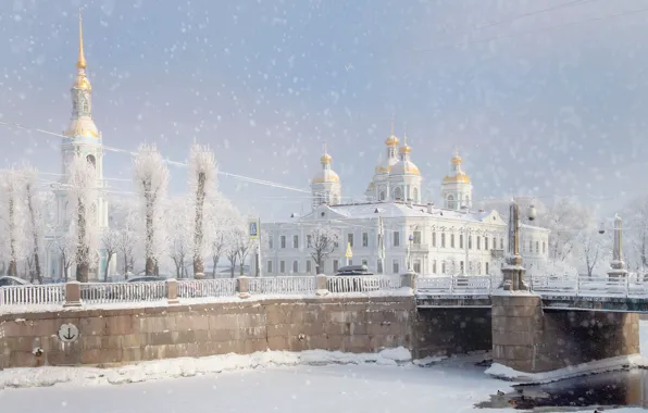 Зима, снег, мост, река, Санкт-Петербург, храм, Россия, колокольня