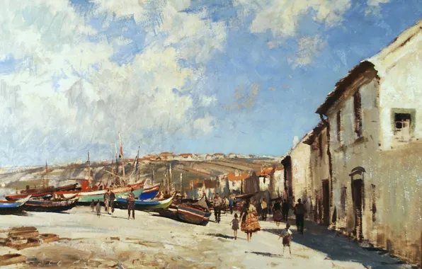 Люди, улица, дома, картина, городской пейзаж, Эдуард Сиго, Назаре. Португалия
