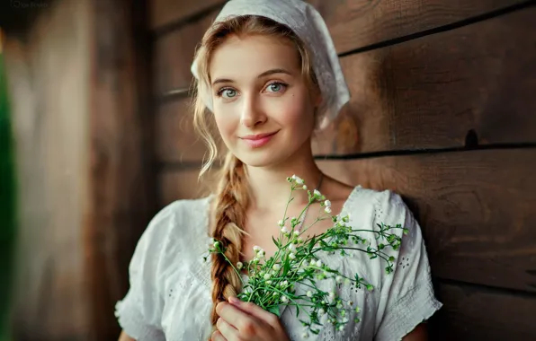 Girl, green eyes, long hair, photo, flowers, model, braid, lips