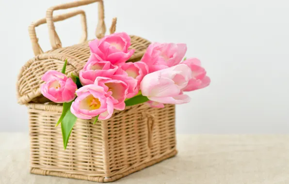 Картинка корзина, тюльпаны, pink, flowers, tulips, bouquet, basket