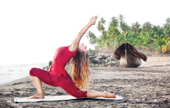 Red, beach, pose, relaxation, Yoga girl