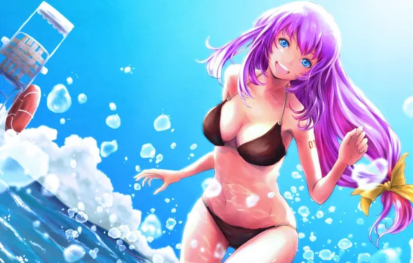Море, купальник, девушка, радость, брызги, эмоции, арт, vocaloid