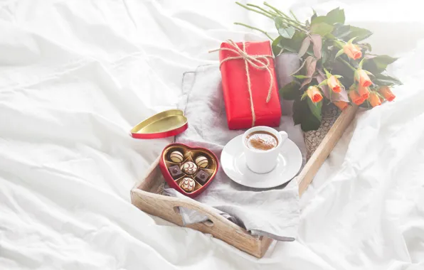 Розы, конфеты, love, heart, romantic, chocolate, gift, coffee