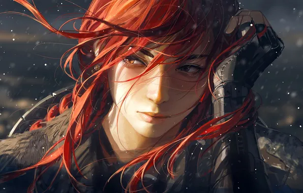 Girl, fantasy, snow, redhead, digital art, artwork, sunlight, fantasy art