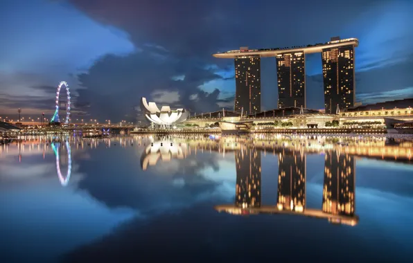 Небо, облака, ночь, lights, огни, небоскребы, подсветка, Сингапур