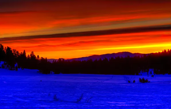 Зима, небо, облака, снег, деревья, горы, зарево