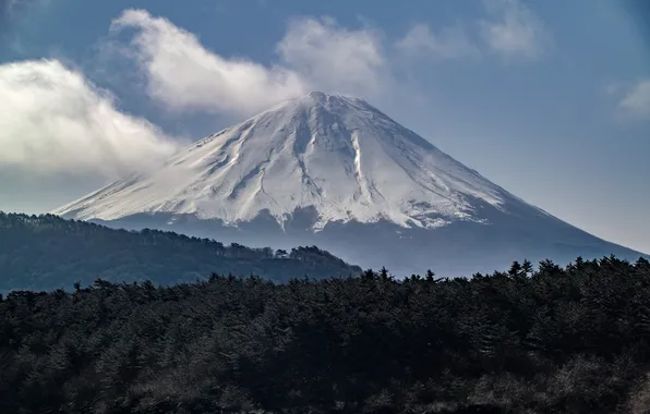 Картинка небо, облака, деревья, пейзаж, гора, вулкан, Япония, Fuji