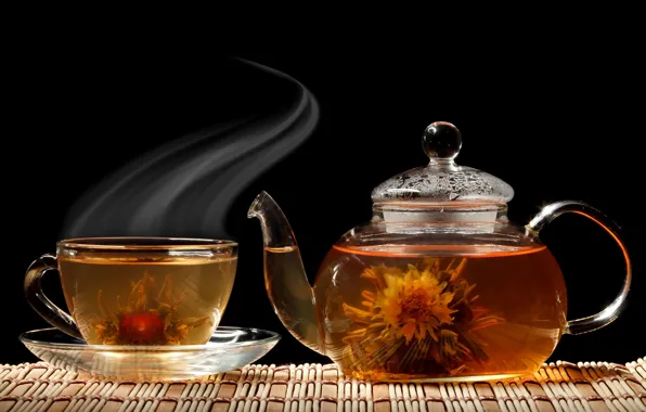 Картинка цветок, чай, чайник, чашка, черный фон, блюдце