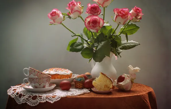 Картинка цветы, стол, праздник, розы, яйца, Пасха, голуби, чашки