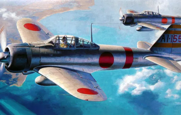 Картинка fighter, art, airplane, painting, Mitsubishi A6M Zero