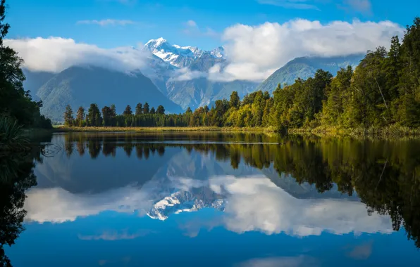 Картинка лес, небо, облака, горы, озеро, Новая Зеландия