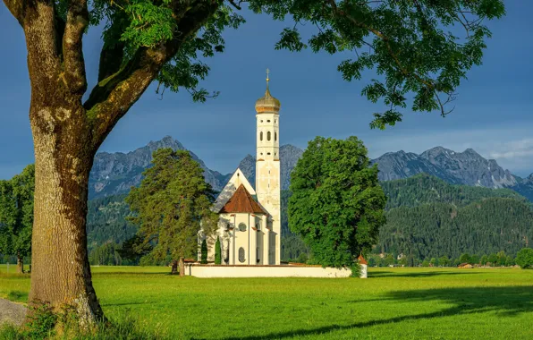 Картинка деревья, горы, Германия, Бавария, Альпы, церковь, Germany, Bavaria