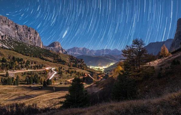 Дорога, осень, лес, небо, горы, ночь, огни, холмы
