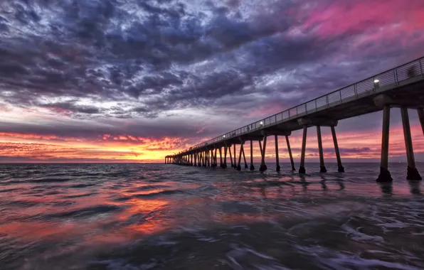 Море, небо, облака, закат, пирс, США, California, Hermosa Beach