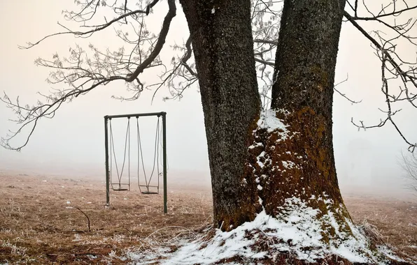 Картинка иней, снег, качели, дерево, ветви, площадка, начало зимы, туман.