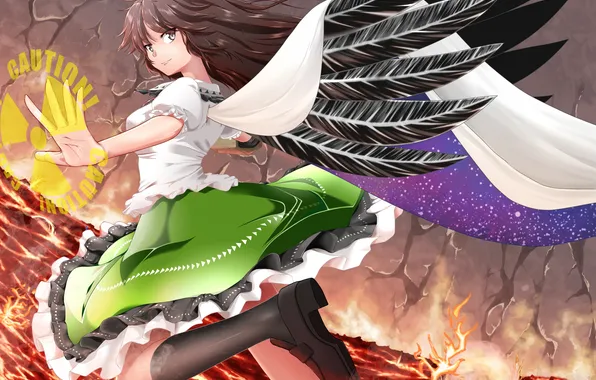 Картинка девушка, огонь, магия, крылья, reiuji utsuho, touhou