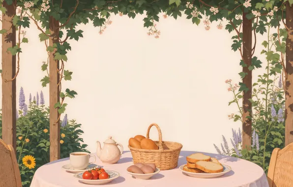 Цветы, стол, еда, завтрак, чайник, хлеб, кресла, чаепитие