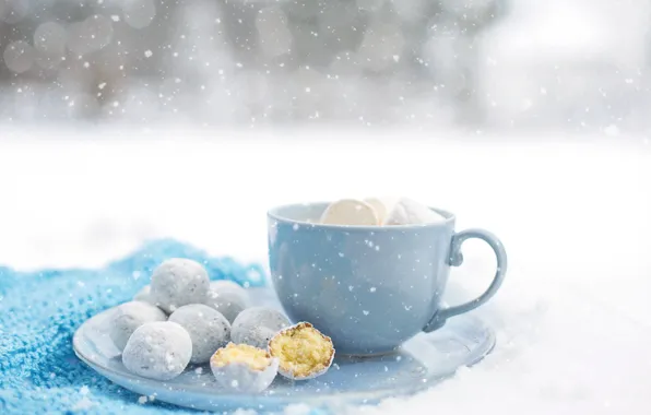 Картинка зима, снег, печенье, горячий шоколад