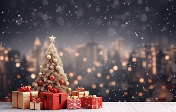 Зима, снег, украшения, ночь, елка, Новый Год, Рождество, фонарь