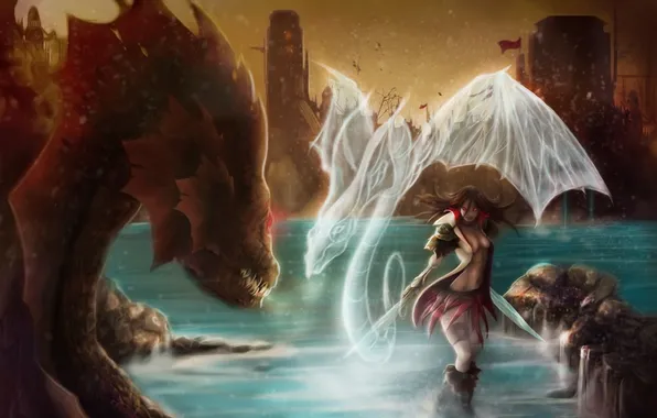 Картинка девушка, озеро, скалы, драконы, дух, меч, арт, красные глаза