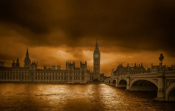 Картинка тучи, мост, река, Англия, Лондон, башня, Темза, парламент