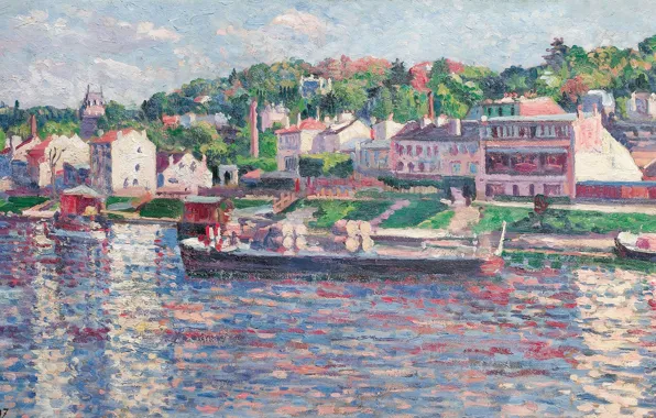 Пейзаж, картина, 1897, Максимильен Люс, Maximilien Luce, Бас Мёдон. Баржа на Реке