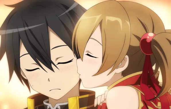 Поцелуй, аниме, арт, девочка, Sword Art Online, Кирито, Мастера Меча Онлайн