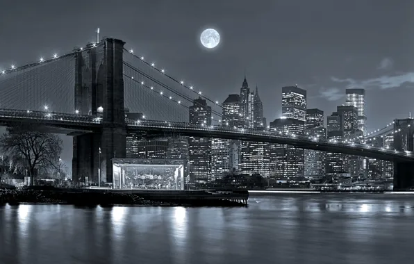 Картинка небо, ночь, мост, огни, река, луна, дома, Нью-Йорк