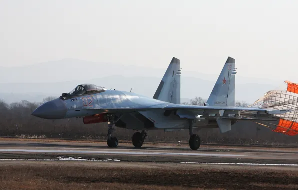 Картинка истребитель, парашют, Су-35, реактивный, многоцелевой