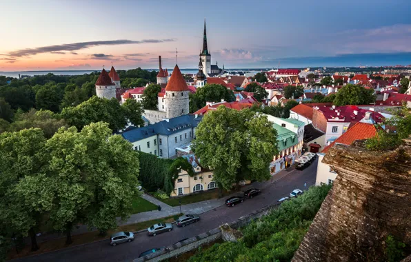 Дорога, здания, Эстония, Таллин, панорама, Tallinn, Estonia, Old Town