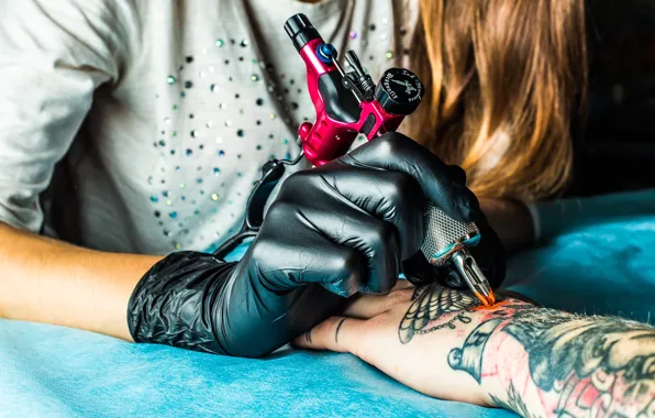 Woman, art, arm, latex gloves, tattooist