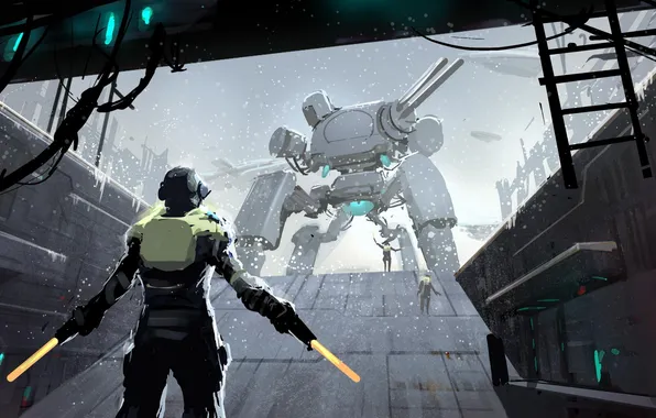 Картинка снег, огни, робот, Человек, лестница, бункер