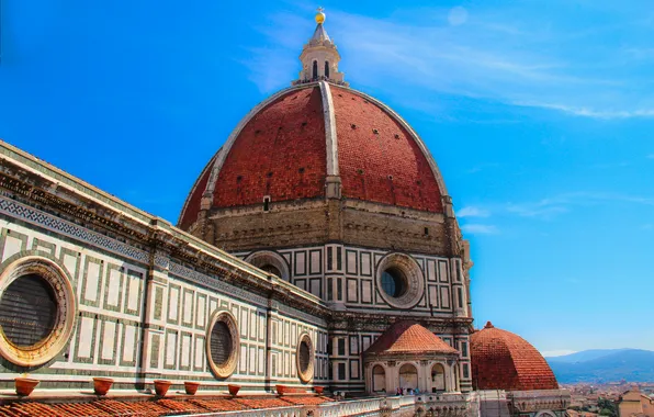 Небо, Италия, Флоренция, купол, Дуомо, собор Санта-Мария-дель-Фьоре, вид с колокольни Джотто