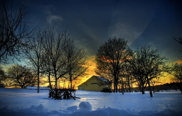 Картинка зима, снег, деревья, закат, дом