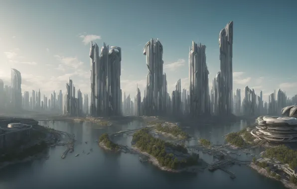 City, future, landscape, art, fantastic, digital art, Futuristic, utopia