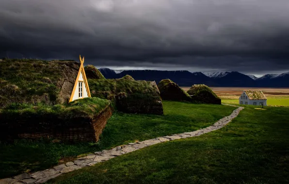 Storm, mountains, clouds, way, pathway, houses, trail, valley
