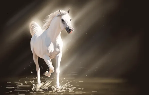 Картинка вода, свет, брызги, конь, лошадь, арт, белая, солнечные лучи