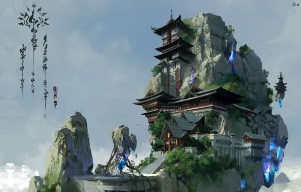 Картинка кристалл, дом, небеса, арт, пагода, локация, lok du, china xianxia