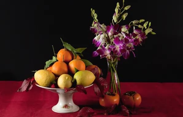 Картинка цветы, лимон, апельсин, ваза, фрукты, натюрморт, хурма