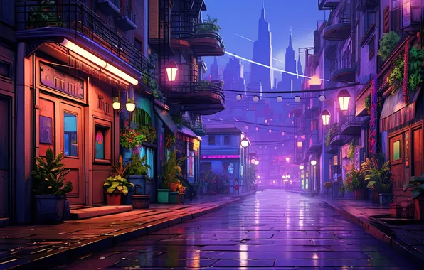 Картинка city, город, лампы, улица, провода, окна, небоскребы, фонари