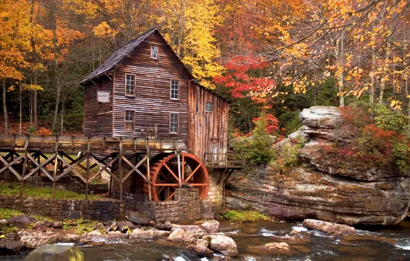 Осень, деревья, река, камни, мельница, USA, Babcock State Park, river