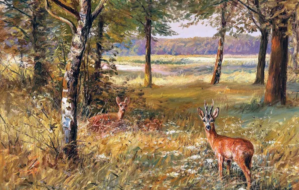 Трава, Деревья, Картина, Двое, Немецкий художник, Wilhelm Lorenz, Вильгельм Лоренц, Косули