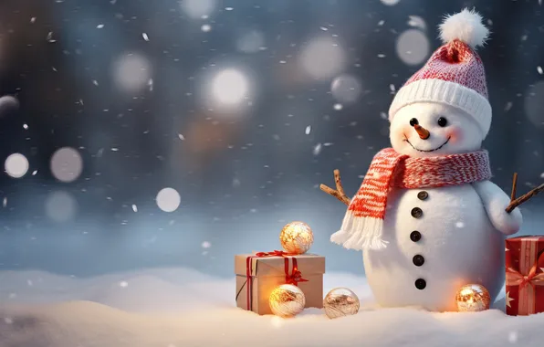 Картинка зима, снег, Рождество, Новый год, снеговик, Christmas, winter, snow
