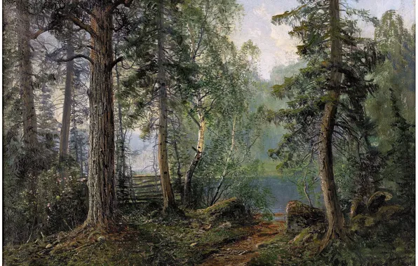 Картинка лес, пейзаж, природа, река, арт, JOHN KINDBORG