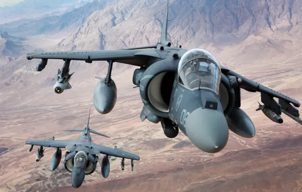 Полет, горы, истребители, пара, штурмовики, AV-8B, Harriers